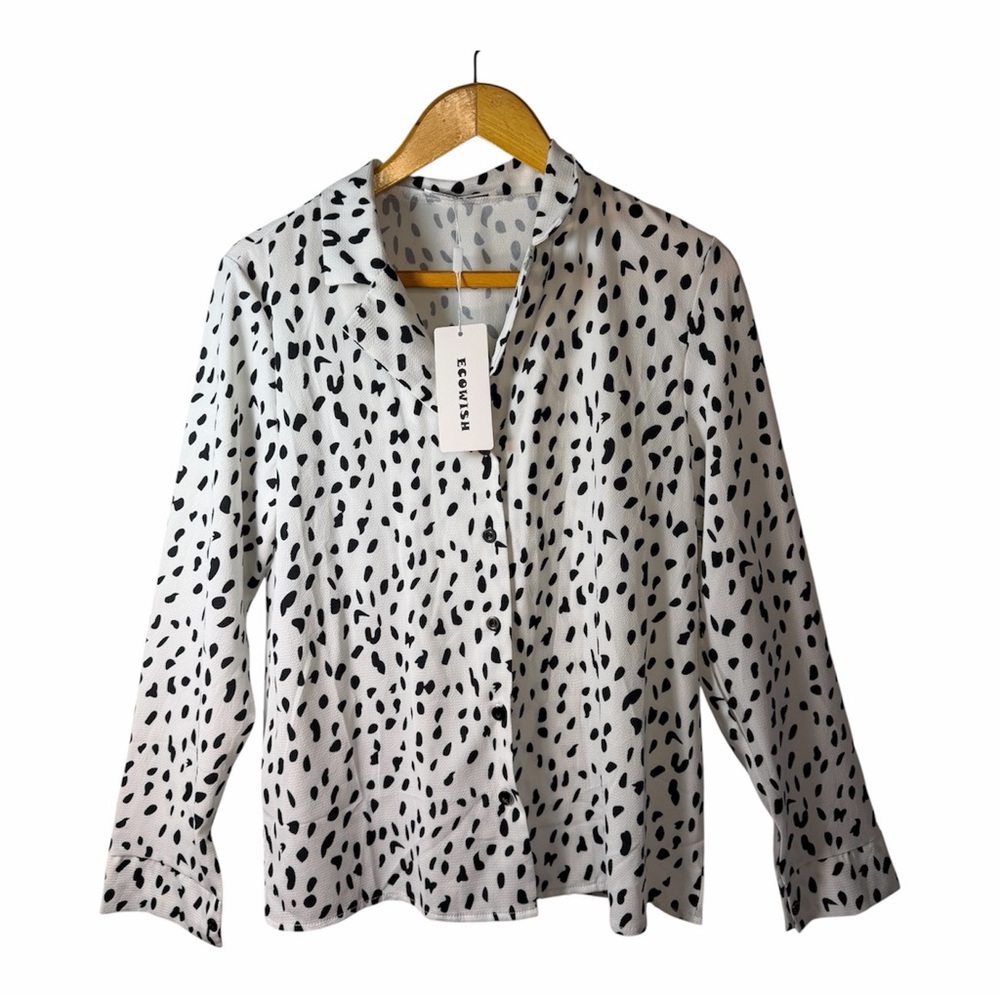 Animal Print Dalmation Button Down Blouse S NWT Spots Black White Cheetah Top - Picture 8 of 8